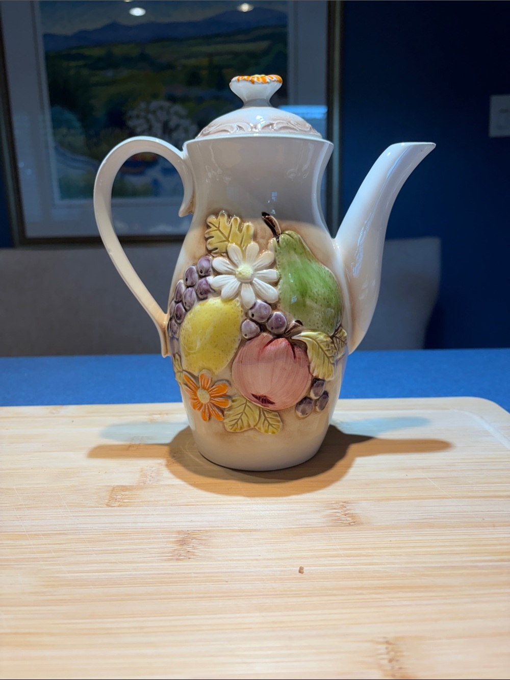 Hand-Painted Ceramic Fruit Pitcher - White with Multicolor Fruit Relief